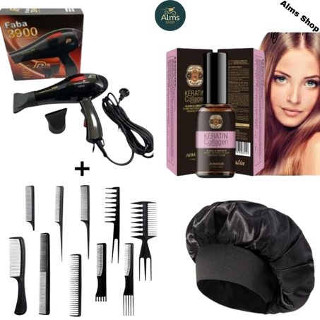 ensemble de Sèche cheveux faba 3900 + 10 peigne multifonction + serum KERATIN COLLAGEN armam + bonnet de cheveux multicolors