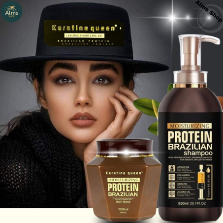 keratine queen Protein Brazilian - Shampooing 800ml et Masque 1000 ml sans sulfate ni parabène