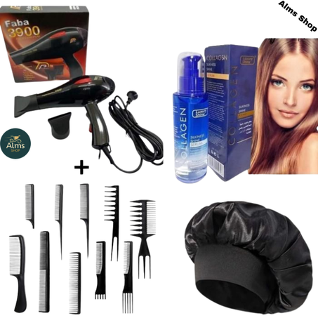 ensemble de Sèche cheveux faba 3900 + 10 peigne multifonction + serum collagen + bonnet de cheveux multicolors