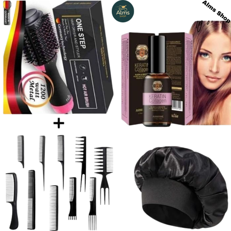 ensemble de One Step Brosse Soufflante + 10 peigne multifonction + serum keratin collagen armam + bonnet de cheveux multicolors