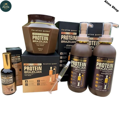 keratine queen Protein Brazilian, Ensemble de 4 traitement Shampoing + Conditionner + Masque + Huile