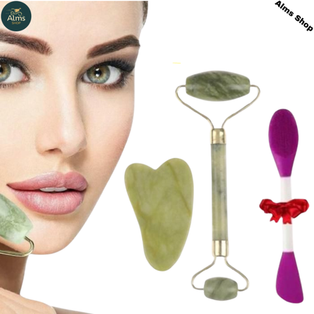 ensemble de Pierre Naturel Gua Sha + Jade Rouleau massage visage + Brosse nettoyante et massante pour le visage multicolors
