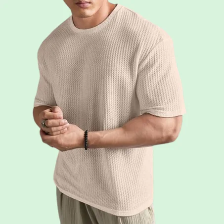 تي شيرت عصري أنيق بأكمام قصيرة وقبة دائرية ضيقة للرجال بتصميم وافل