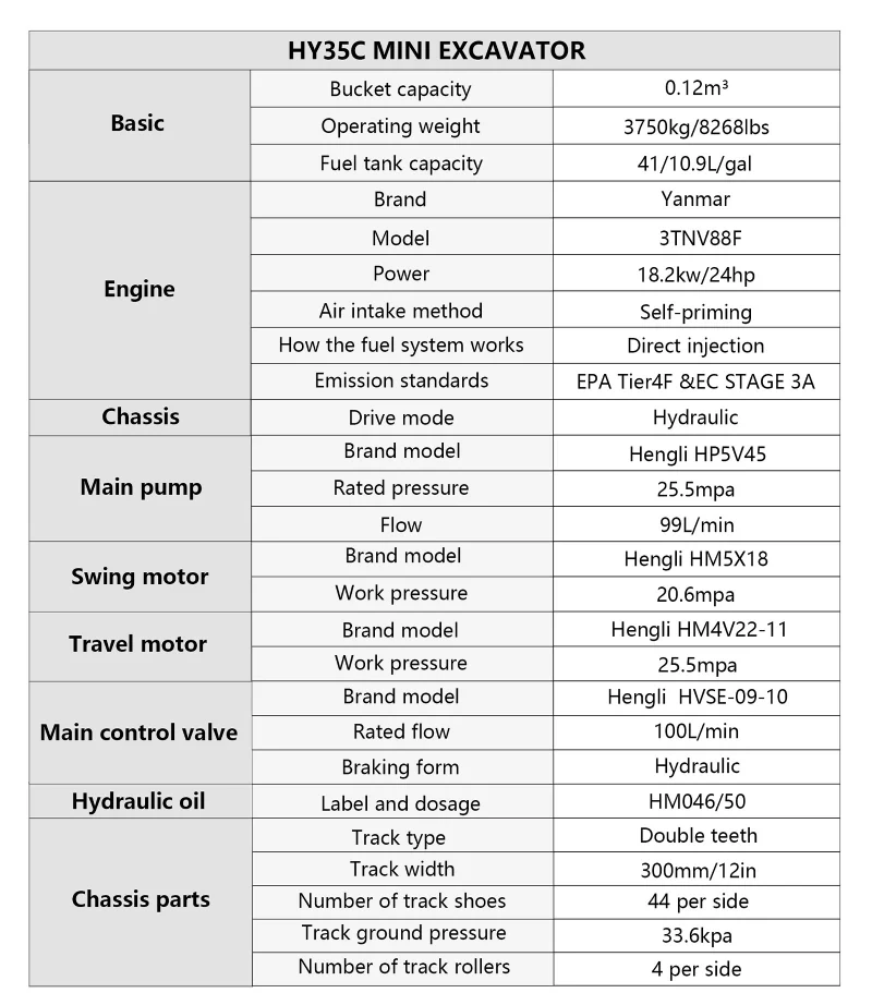 mini excavator huayee hy35c specifications