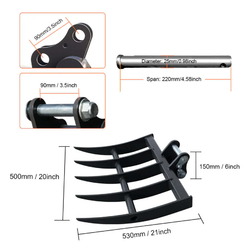 mini excavator grass rake size