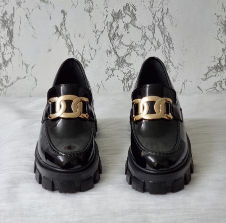 Mocassin femme avec Boucle en Métal Doré -Noir Vernis - Nouvelle collection 2023