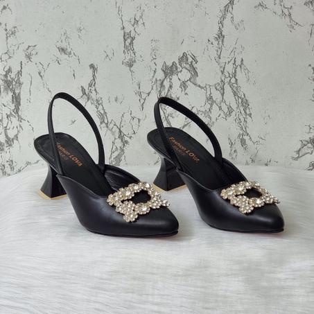 Chaussures -Noir-  à talons Moyen  avec  décoration en strass Carré en Diamond - Nouvelle Collection 2023