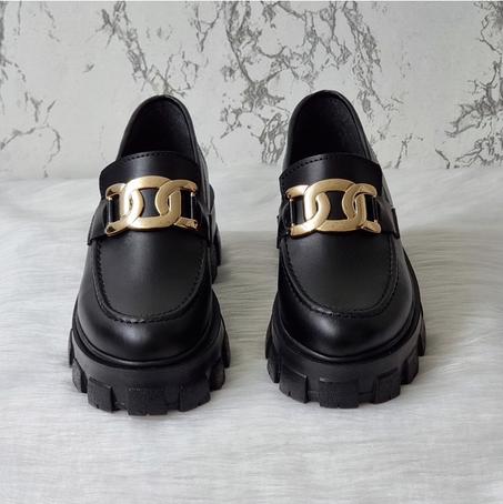 Mocassin femme avec Boucle en Métal Doré - Noir Mat - Nouvelle collection 2023