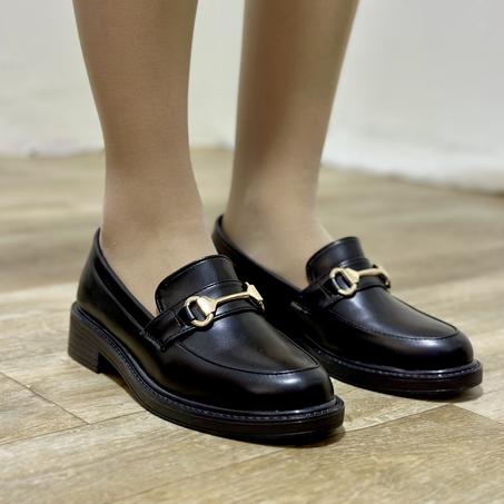 Mocassin Plat élégant et Confortable avec Boucle doré - Noir Cuir