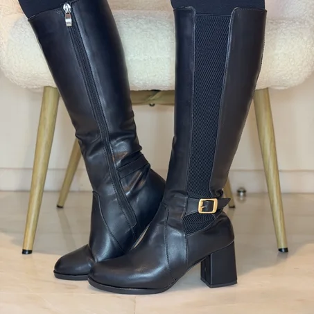 Botte Hautes à Talon Moyen avec  Bout Rond  - Nouvelle collection 2026 en Noir