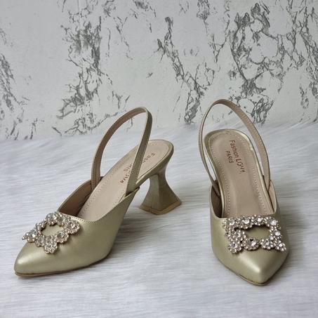 Chaussures -Doré- à talons Moyen  avec  décoration en strass Carré en Diamond - Nouvelle Collection 2023