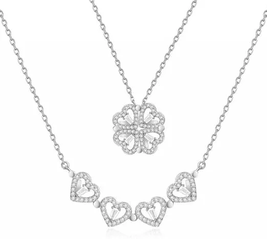 🍀 Collier 2 en 1 – Trèfle Porte-Bonheur & Cœur Romantique en Argent ❤️