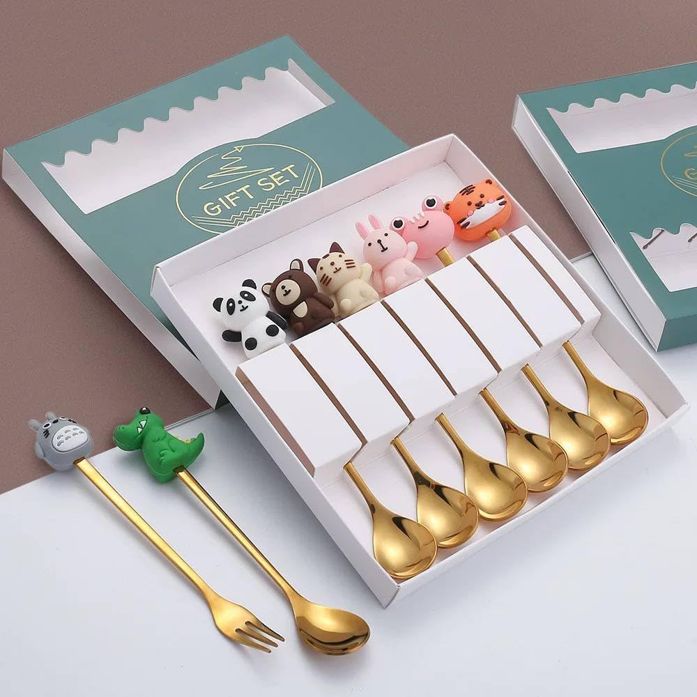 طقم معالق من 6 قطع بتصميم مصنوع من الفولاذ المقاوم للصدأ للفواكه والكعك والقهوة والمشروبات الساخنة والآيس كريم والحلويات الأخرى، لون ذهبي