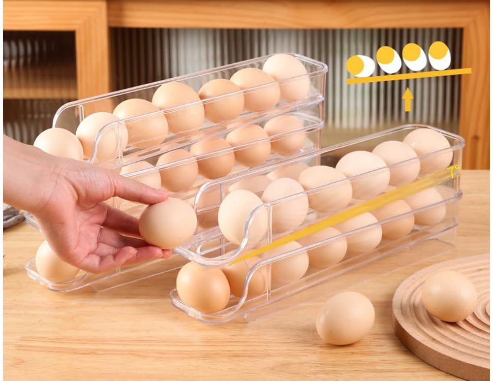 حامل لتخزين البيض في الثلاجة مصنوع من الاكريليك مع حركة أوتوماتيكية، موزع بيض موفر للمساحة للثلاجة والطاولة ودولاب المطبخ، ثلاث قطع