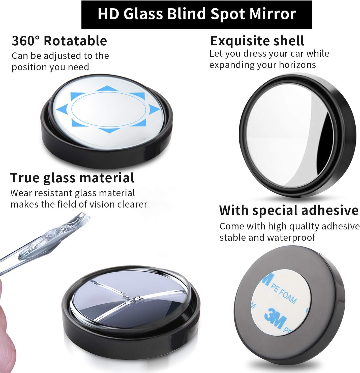 مراية النقطة العمياء قابلة للدوران بزاوية 360 درجة للسيارة مراية جانبية عالية الدقة من الزجاج الكريستالي بزاوية واسعة ومقاومة للماء ومتينة للسلامة المرورية من يوني فاين