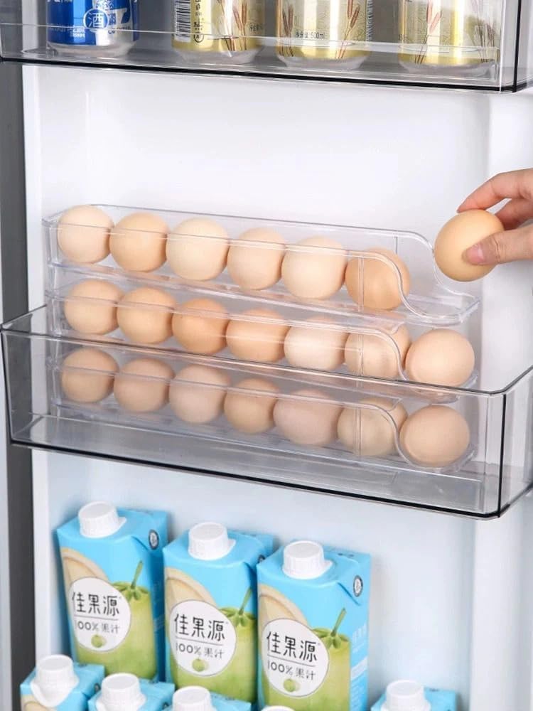 حامل لتخزين البيض في الثلاجة مصنوع من الاكريليك مع حركة أوتوماتيكية، موزع بيض موفر للمساحة للثلاجة والطاولة ودولاب المطبخ، ثلاث قطع