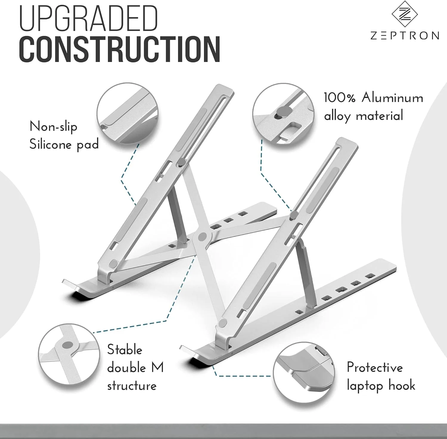 حامل لاب توب ونوت بوك 15.6 بوصة والموبايل والتابلت والكتب من زيبترون قابل للطي ومحمول مصنوع من خليط الالومنيوم، حامل مطاطي مضاد للانزلاق وقابل لتعديل الزاوية والارتفاع حتى 6 مستويات
