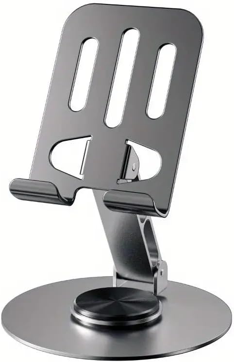 حامل موبايل دوار 360 درجة بتصميم قابل للطي للمكتب والمطبخ، حامل تابلت قابل للتعديل مناسب لجميع الموبايلات (لون فضي)