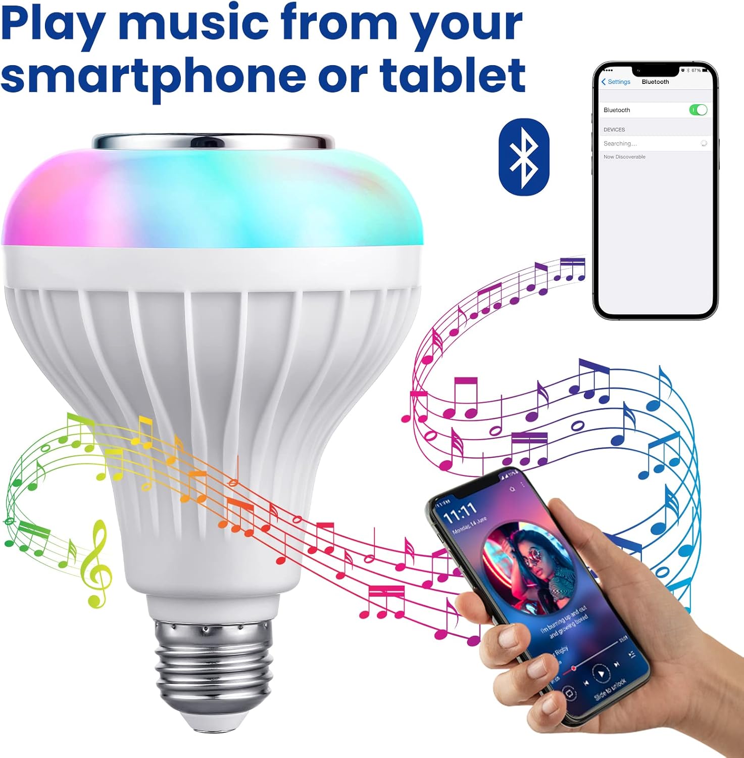 مصباح مكبر صوت بلوتوث لاسلكي 12 وات ار جي بي ليد ذكي للتحكم عن بعد للموسيقى من اف تي فوج،  12 واط