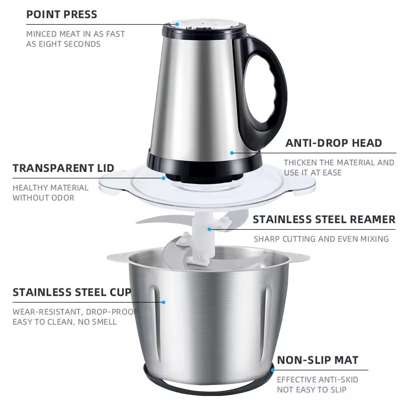 مفرمة لحوم كهربائية متعددة الوظائف بسعة 2 لتر و 3 لتر مع شفرات حادة وبولة من الستانلس ستيل بقدرة 300 واط