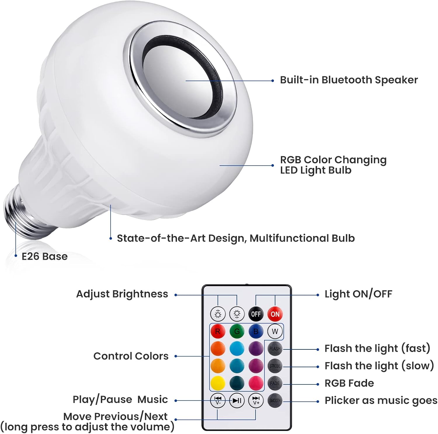 مصباح مكبر صوت بلوتوث لاسلكي 12 وات ار جي بي ليد ذكي للتحكم عن بعد للموسيقى من اف تي فوج،  12 واط