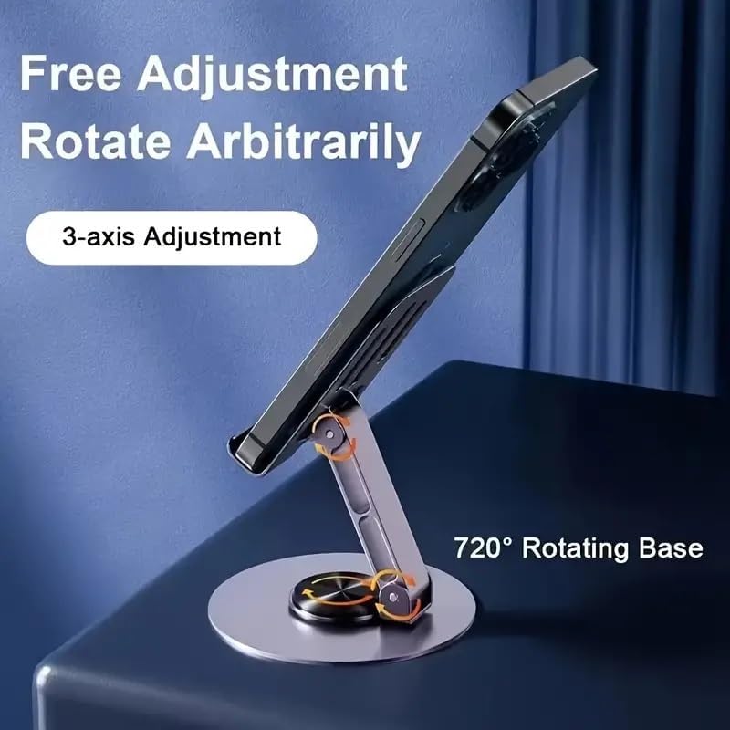 حامل موبايل دوار 360 درجة بتصميم قابل للطي للمكتب والمطبخ، حامل تابلت قابل للتعديل مناسب لجميع الموبايلات (لون فضي)