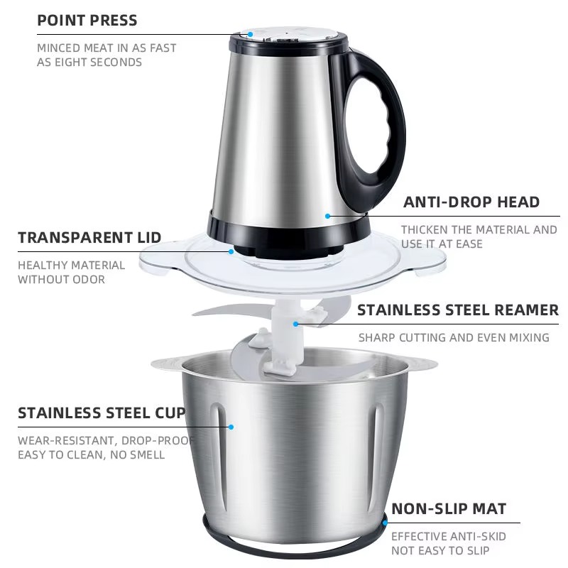 مفرمة لحوم كهربائية متعددة الوظائف بسعة 2 لتر و 3 لتر مع شفرات حادة وبولة من الستانلس ستيل بقدرة 300 واط