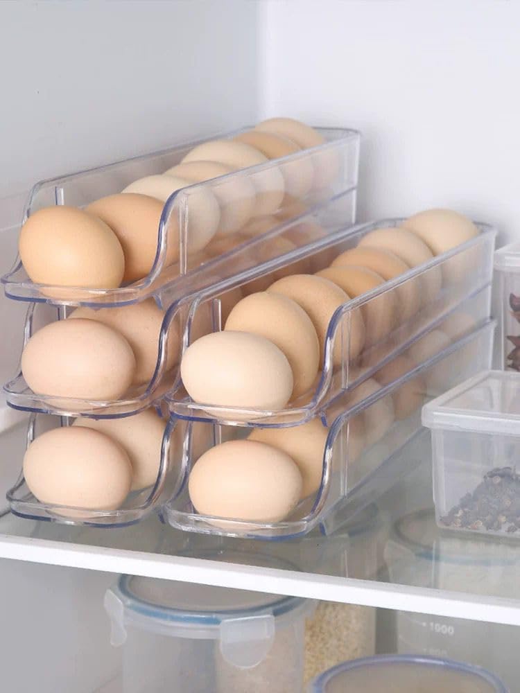 حامل لتخزين البيض في الثلاجة مصنوع من الاكريليك مع حركة أوتوماتيكية، موزع بيض موفر للمساحة للثلاجة والطاولة ودولاب المطبخ، ثلاث قطع