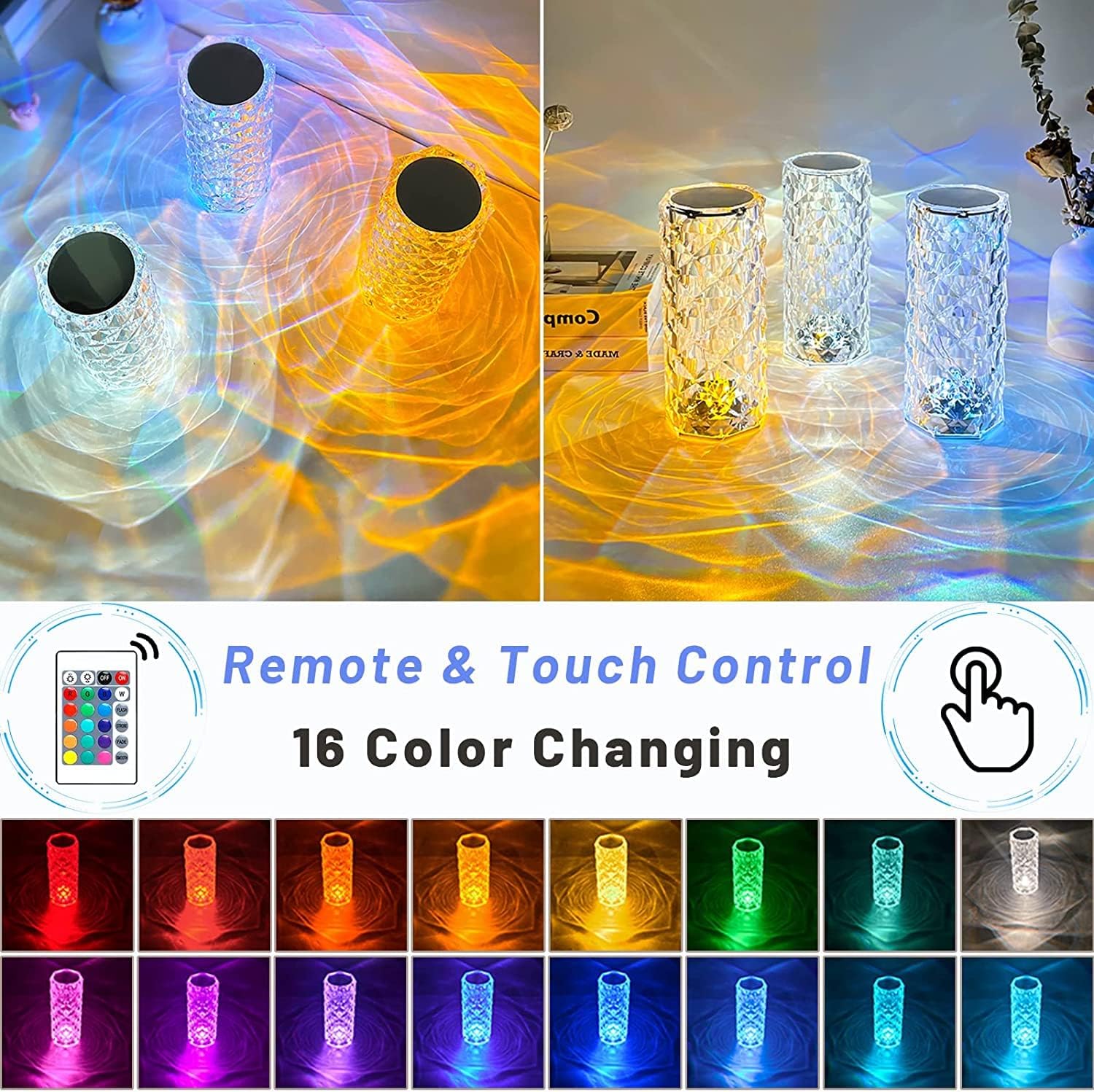 مصباح طاولة ماسي كريستالي RGB به 16 لون و4 اوضاع من الاكريليك مع تحكم باللمس وريموت كنترول شحن usb