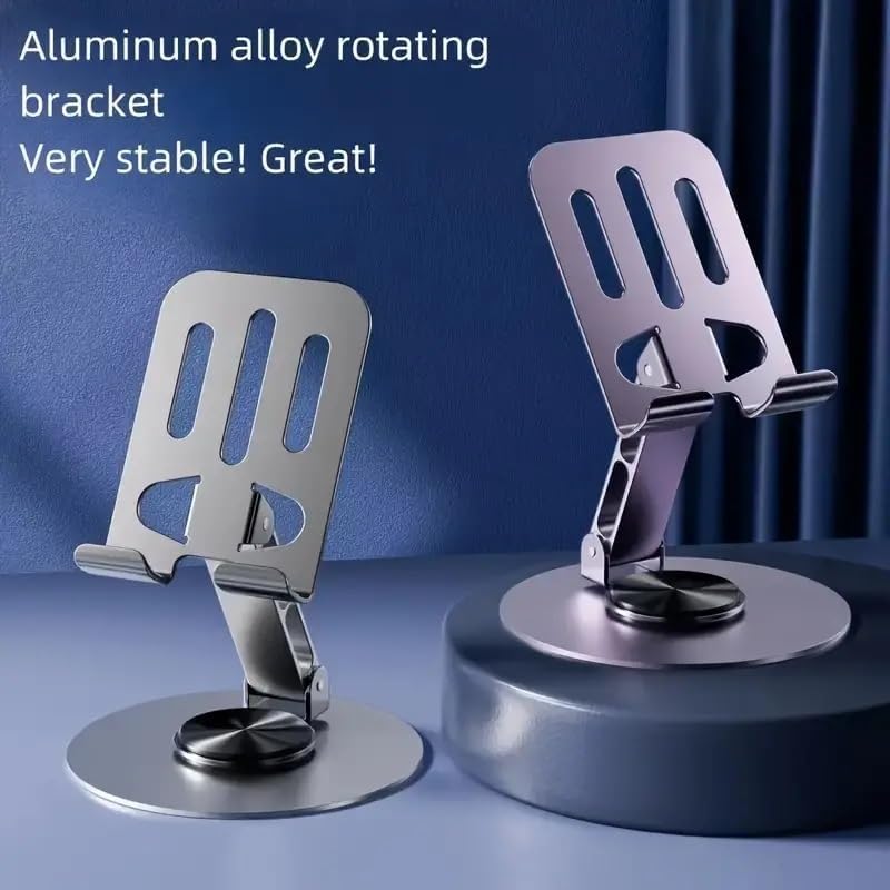حامل موبايل دوار 360 درجة بتصميم قابل للطي للمكتب والمطبخ، حامل تابلت قابل للتعديل مناسب لجميع الموبايلات (لون فضي)