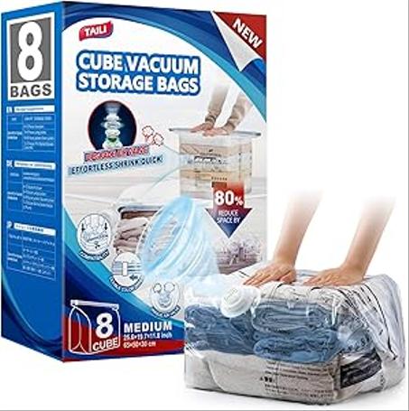 TAILI Paquete de 8 bolsas de almacenamiento al vacío para viajes, tamaño mediano (25 x 19 x 11 pulgadas), bolsas de compresión reutilizables que ahorran espacio para maletas de viaje y equipa