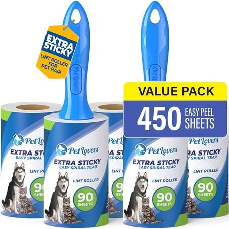 PetLovers - Rodillo de pelusas extra pegajoso, juego de 450 hojas para eliminación de pelusas de mascotas, de perros y gatos, paquete de 5