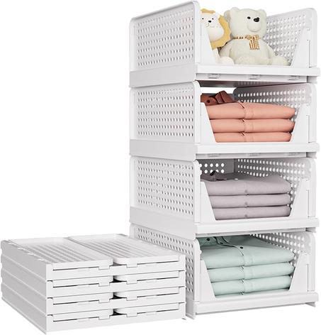 SNSLXH Paquete de 5 cestas apilables de almacenamiento de armario, organizador multifuncional y plegable para baño, cocina, lavandería, armario, almacenamiento de ropa, organizador de cajones