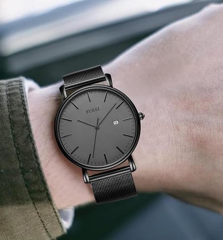 ساعة المعصم بوريه للرجال أنيقة مينيماليست، تناظرية، خاصية عرض التاريخ، مع سوار شبكي من الفولاذ المقاوم للصدأ