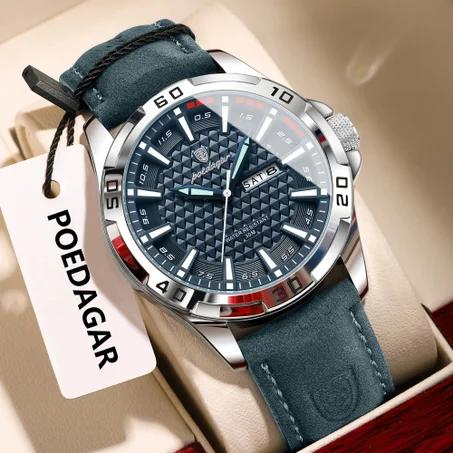 ⌚ ساعة POEDAGAR رجالية فاخرة بسوار جلدي أزرق