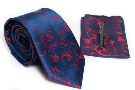 Cravate Bleu Fleurie Rouge