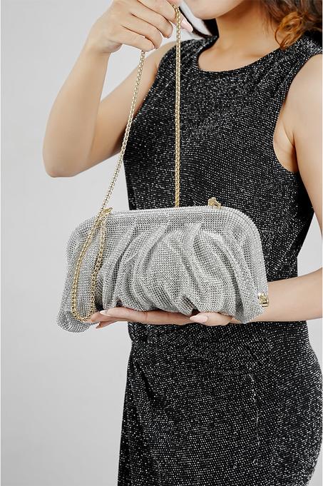 حقائب يد فضية لامعة للنساء ، محافظ بطيات كريستالية ، حقائب يد لحفلات الزفاف ، مصمم فاخر ، بوتيك رائج ، 2023