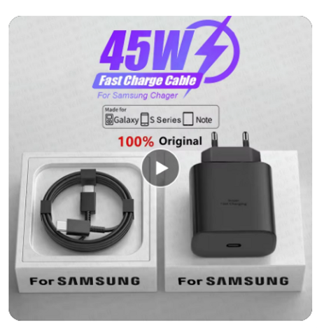شاحن سامسونج الأصلي 45 واط سريع لسامسونج غالاكسي S22 S23 S24 الترا S21 S20 FE S10 نوت 20 Plus A71 A80 نوع C كابل شحن سريع