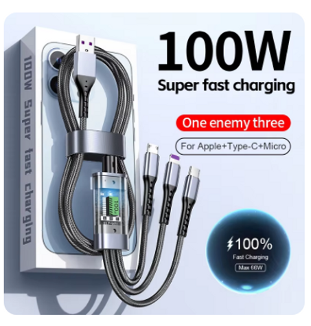 كابل شحن سريع شفاف ، 1.3 W ، 3 في 1 ، نوع C ، USB مصغر ، iPhone ، sarmsa ، hواوي ، شاو شاو ، شاحن مصباح طيار