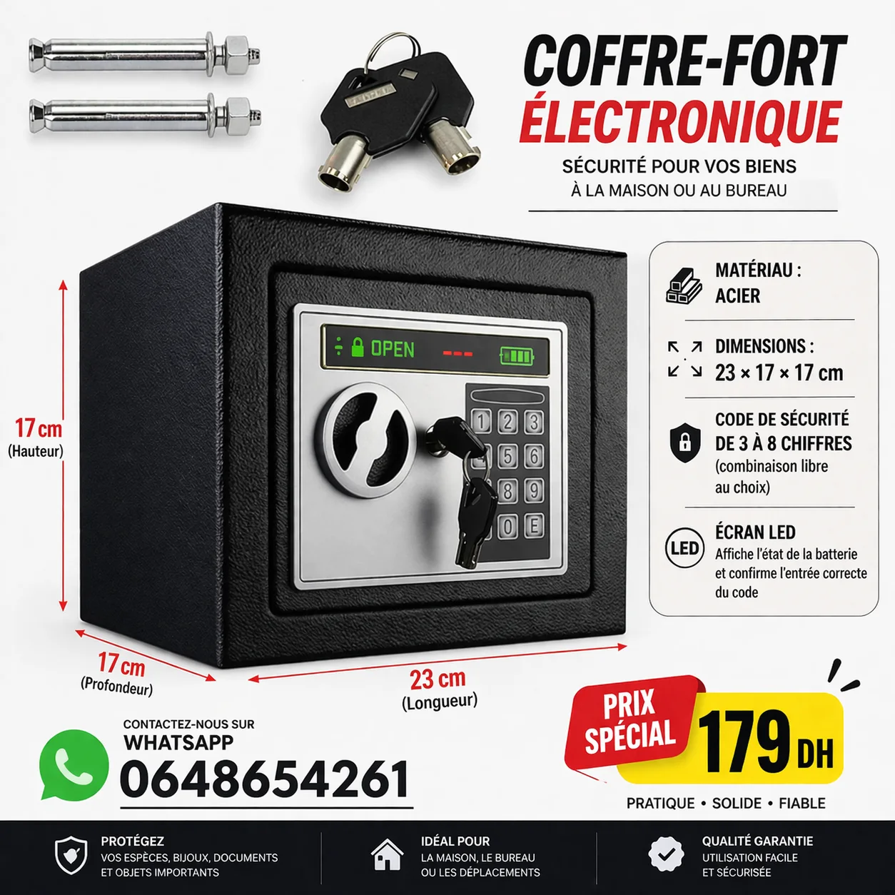 خزنة أمان إلكترونية، خزنة رقمية من الصلب مع مفتاحين.