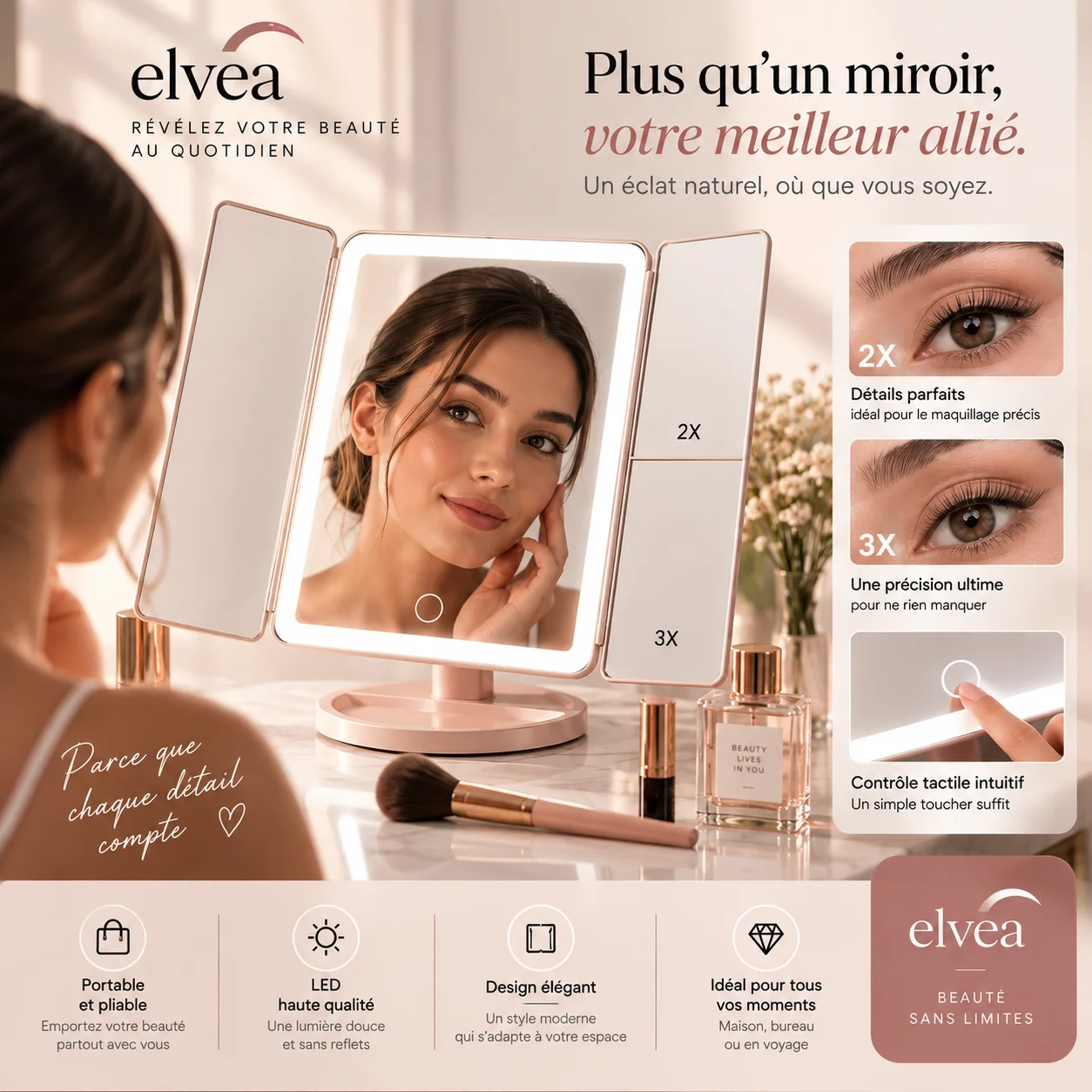Miroir de maquillage LED tendance, grand format, rechargeable.