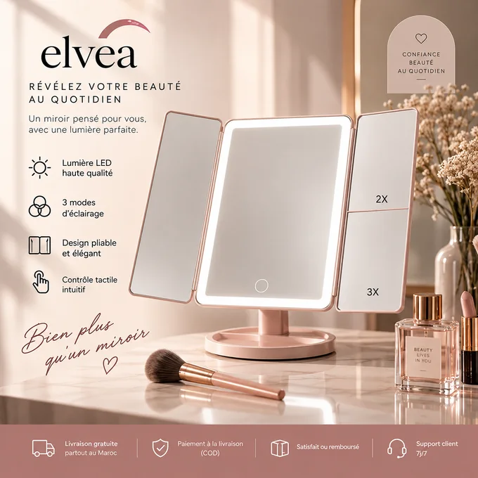 Miroir de maquillage LED tendance, grand format, rechargeable.