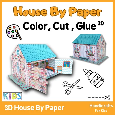 3D House color & cut & paste 3D glue, collecte for kids Activity Kids shapes