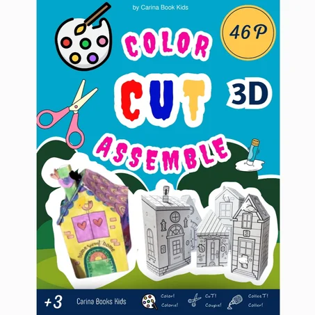 Book Color & Cut and paste 3D glue , collect House + Car, Activity Kids shapes