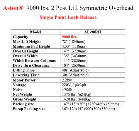 9000 lbs. 2 Post Lift Overhead AL-90RH 220v