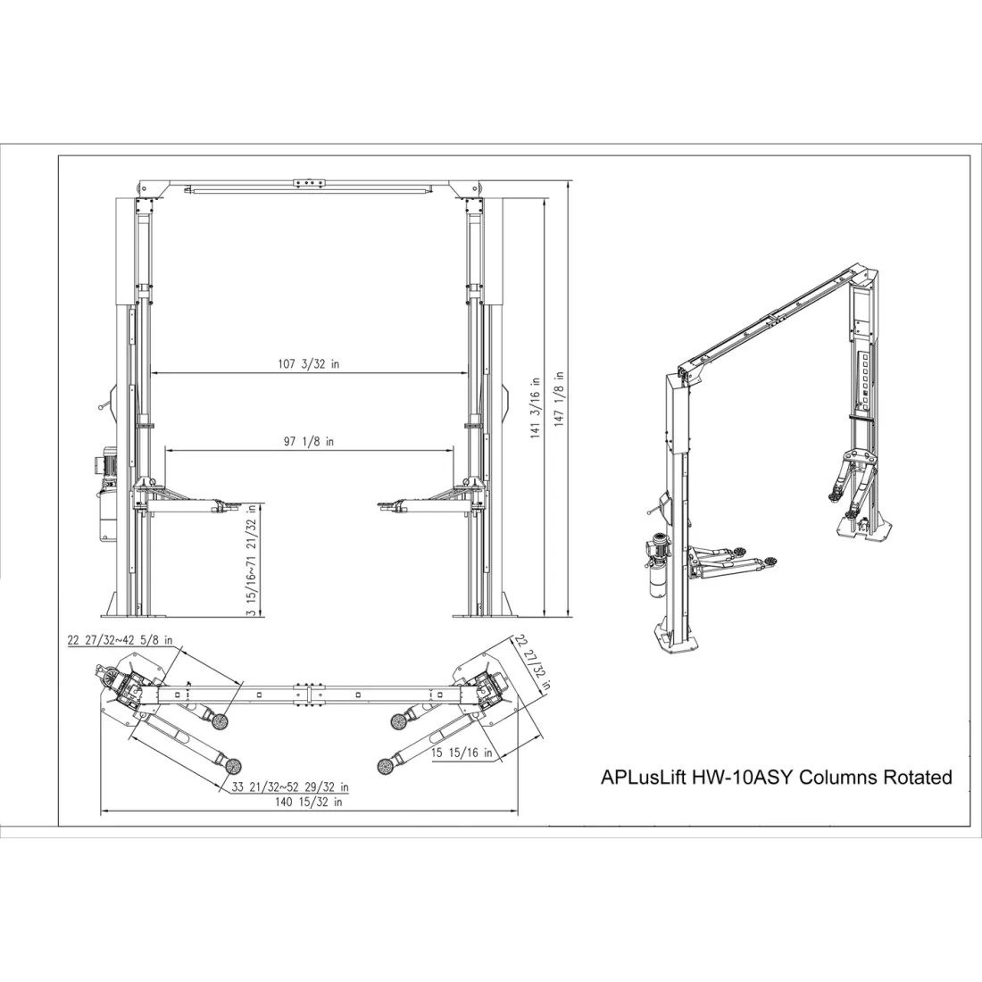 APlusLift 10,000LB 2-Post Overhead Asymmetric Single Release Car Lift with 3 Year Warranty - HW-10ASY