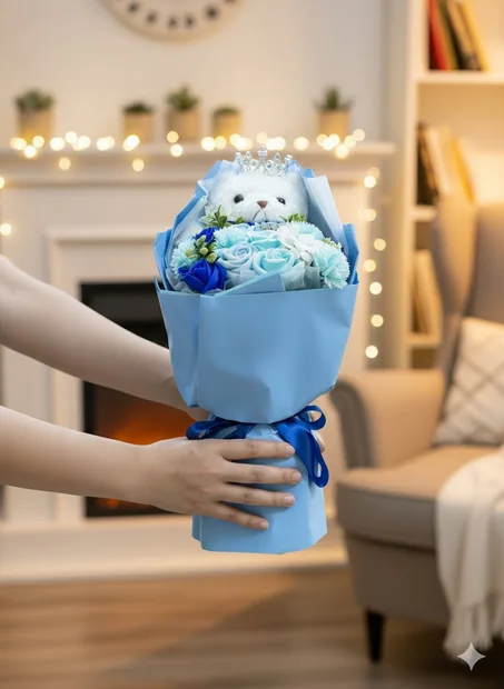 بوكي ورد اصطناعي فاخر مع دمية – اللون الوردي والأزرق