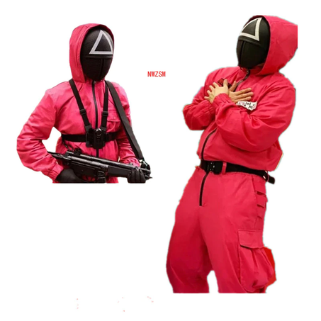 Squid game villain Red jumpsuit cosplay costume Halloween party Round Six mask