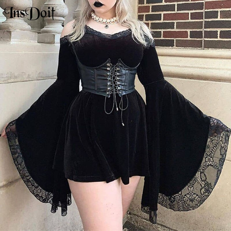 InsDoit – robe de soirée noire en velours Vintage, manches évasées, épaules dénudées, élégante, Harajuku, automne