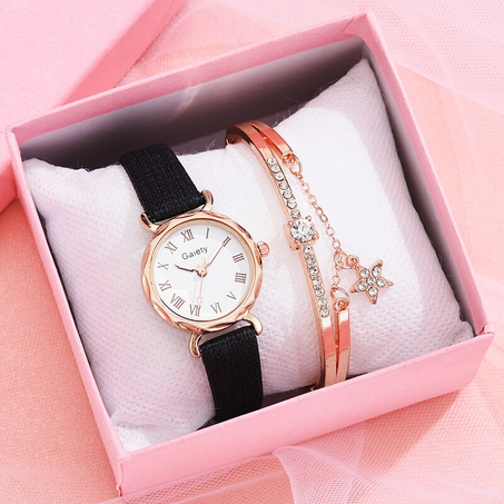 Gaiety – Montre-Bracelet en cuir pour femmes, ensemble de 2 pièces, décontracté, strass, horloge Simple, robe Gfit